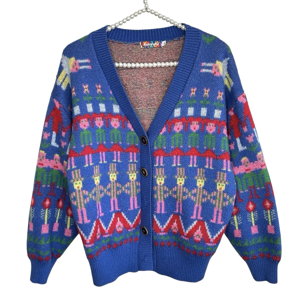 Boho Whimsical Fair Isle Folk Art Cardigan Med Chunky‎ knit Cottage Blue FLAW